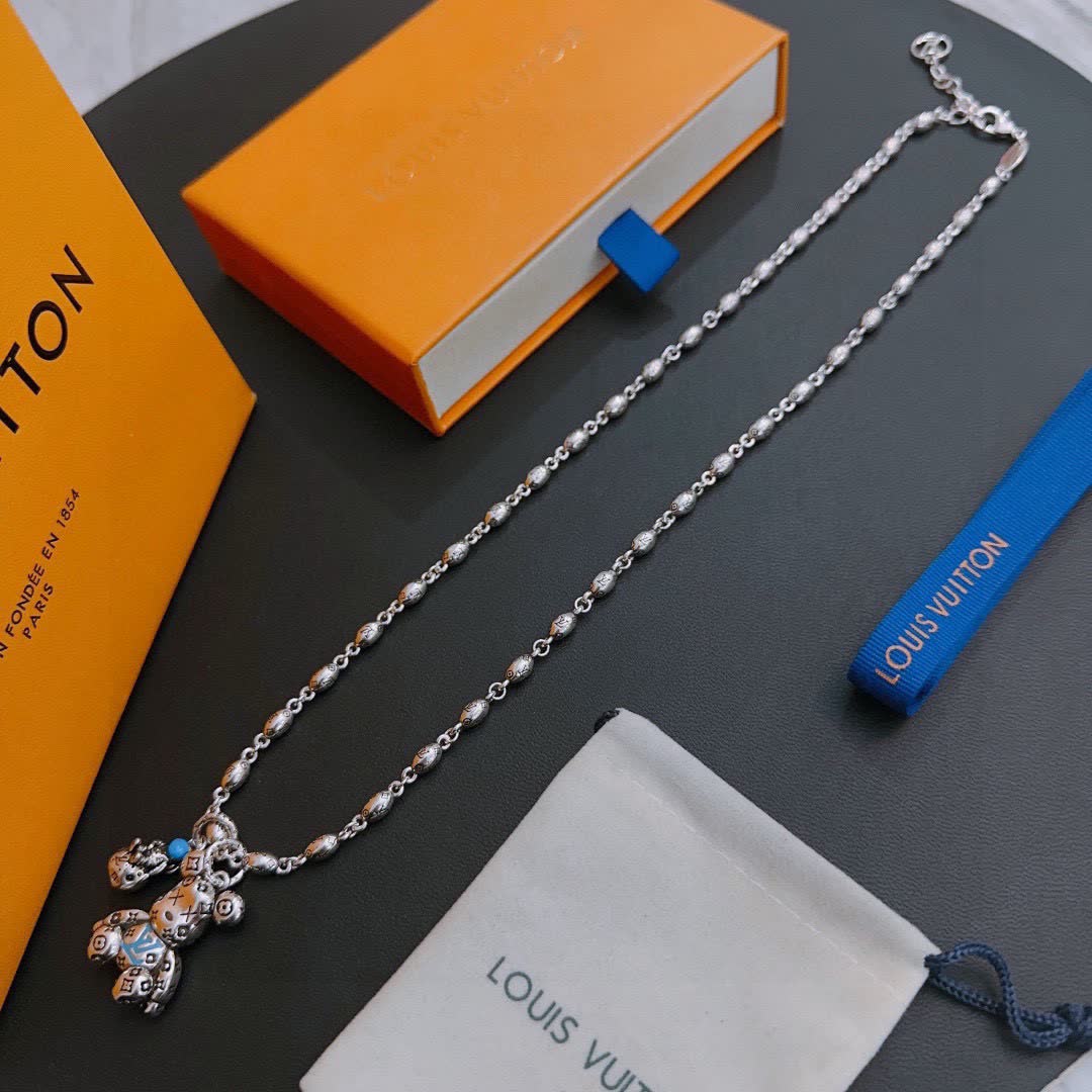 Louis Vuitton Silver Beaded Necklace with Bear Charm